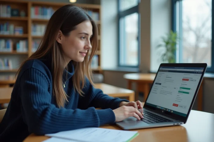 Jeune stagiaire utilisant l'extranet PSB sur un ordinateur portable dans une bibliothèque universitaire moderne