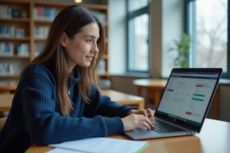 Jeune stagiaire utilisant l'extranet PSB sur un ordinateur portable dans une bibliothèque universitaire moderne