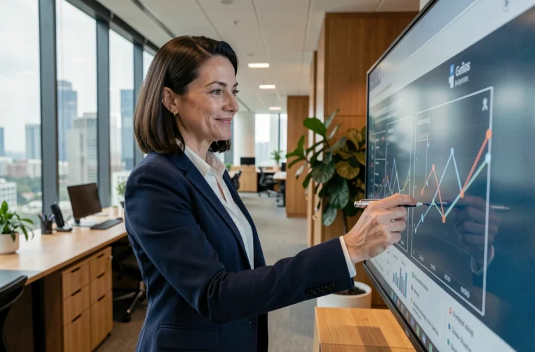 Femme dirigeante analysant des graphiques de stratégie d'entreprise sur un écran tactile dans un bureau moderne en 2024