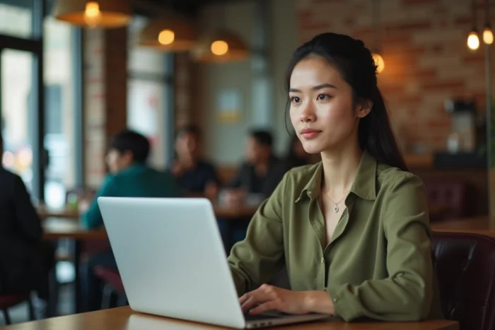 Femme téléchargeant des fichiers en toute sécurité depuis un café avec son ordinateur portable