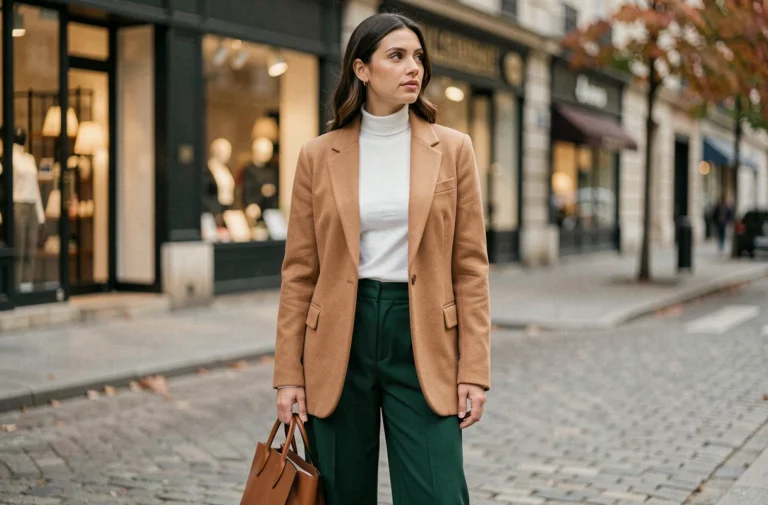 Femme élégante portant un blazer camel oversize et un pantalon large vert forêt dans une rue parisienne en automne, look tendance de saison