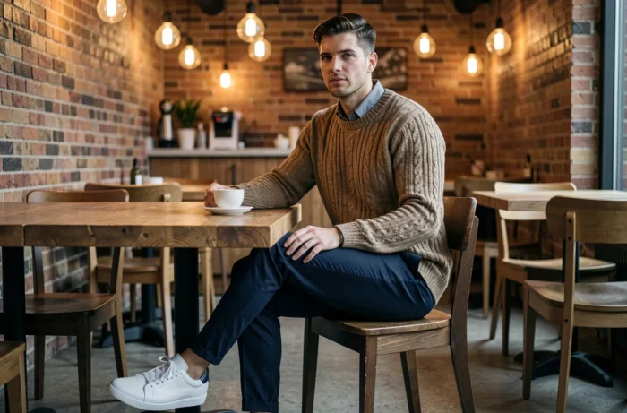 Homme tendance en pull texturé terre et chino marine assis dans un café urbain, style casual chic masculin de saison