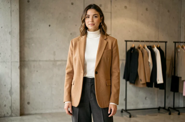 Jeune femme élégante portant un blazer camel oversize et un pantalon large anthracite dans une boutique de mode minimaliste parisienne