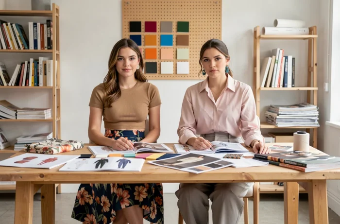 Deux femmes créatives en tenues tendance travaillant sur des moodboards de mode dans un studio de création contemporain
