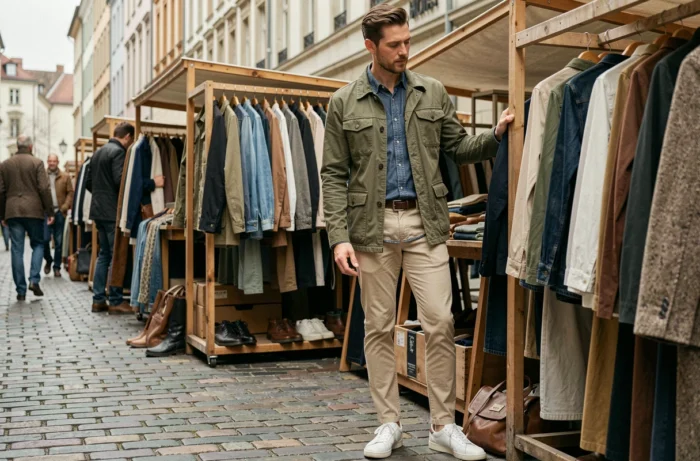 Homme trendy en veste utilitaire kaki explorant un marché vintage de mode sur des pavés parisiens