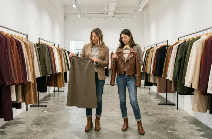 Deux femmes stylées explorant des vêtements dans une boutique de mode minimaliste, tendances saisonnières en coloris burgundy, olive et caramel