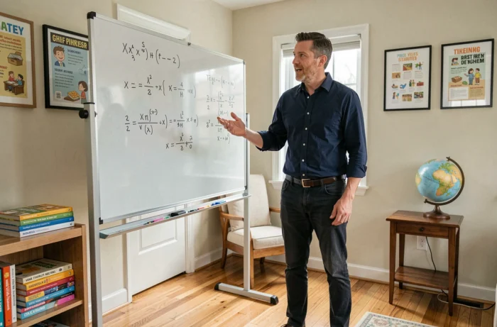 Home teacher giving a private math lesson in a dedicated space in the living room