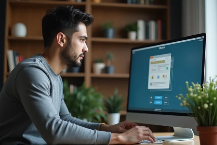 Homme utilisant un site de partage de fichiers en sécurité sur son ordinateur de bureau à domicile