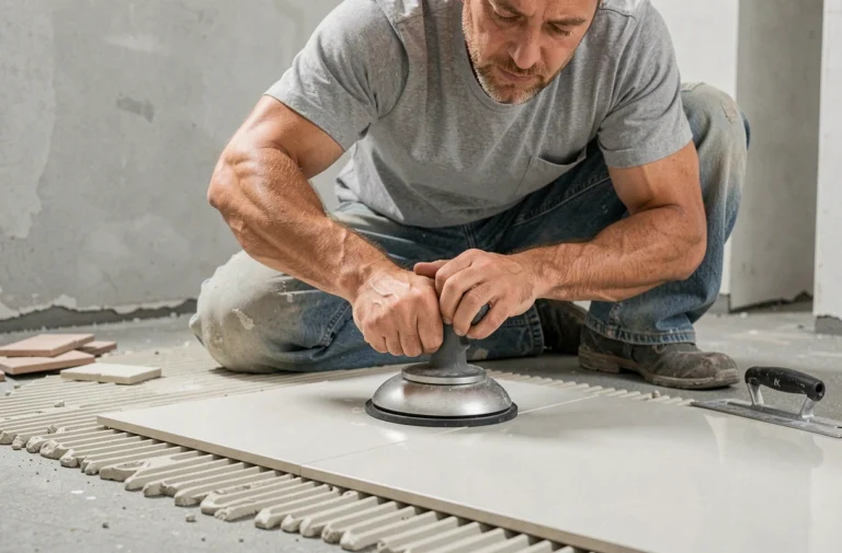 Carreleur professionnel utilisant une ventouse de pose pour poser un grand carrelage de sol dans une salle de bain en rénovation