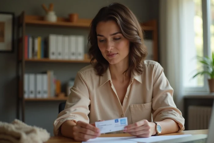 Femme vérifiant la validité de sa carte d'identité française à son bureau à domicile