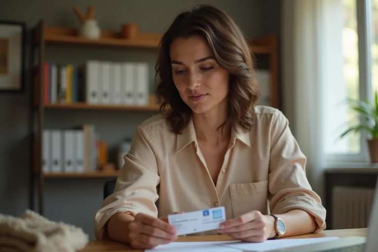 Femme vérifiant la validité de sa carte d'identité française à son bureau à domicile