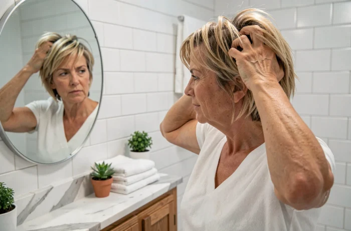 Femme examinant sa coupe couronne dans un miroir de salle de bain, vérifiant le résultat de la coiffure