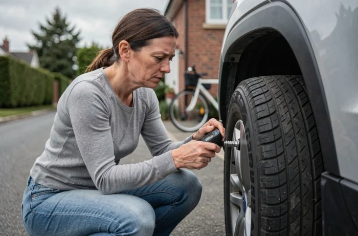 Femme vérifiant la pression des pneus de son SUV dans une allée résidentielle