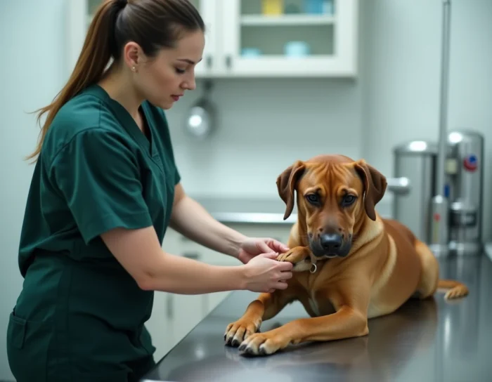Vétérinaire examinant l'ergot d'un chien labrador sur une table de consultation en clinique vétérinaire