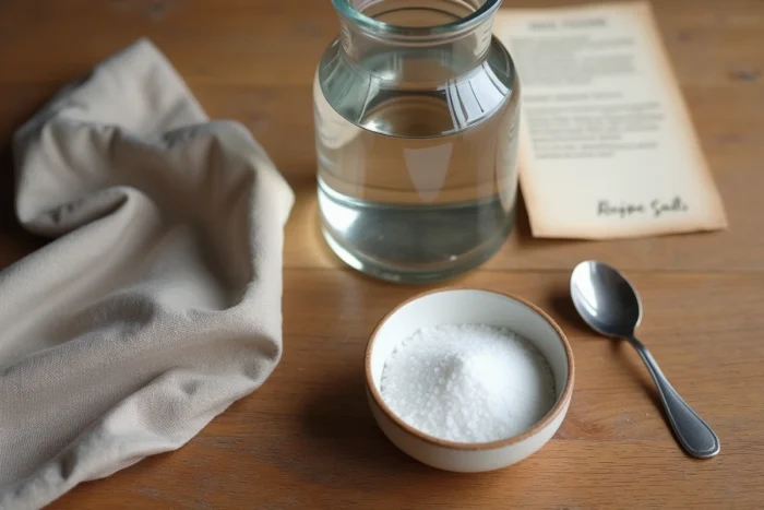 Vue de dessus d'un carafe d'eau, d'un bol de sel et d'une cuillère doseuse sur une table en bois rustique